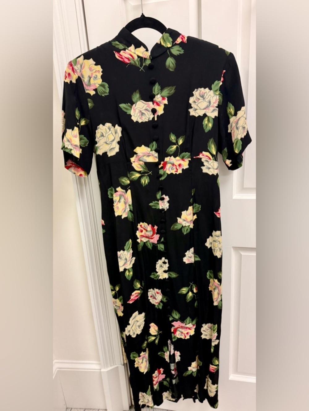 VINTAGE 90’s Asian Express Black Rose Lace Up Back Floral Maxi Dress - 7/8 - Picture 8 of 16